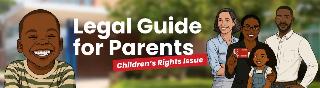 Illustrated banner on children’s rights, showing a happy child and Scorpion lawyers with text: 'Legal Guide for Parents – Children’s Rights Issue'