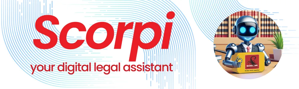 Scorpi – your digital legal assistant showing an illustrated robot holding a Scorpion card symbolising AI-powered legal help