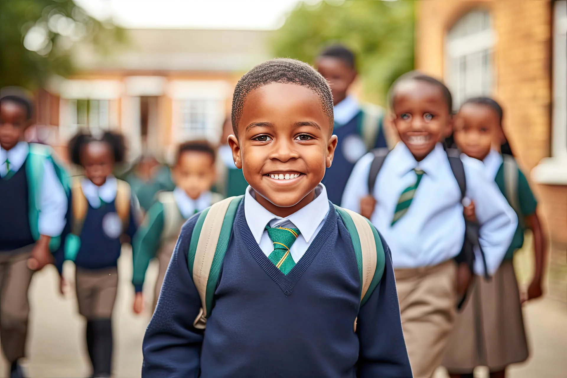 Happy African schoolboy in uniform with backpack smiling confidently, walking with classmates outside a school building in South Africa