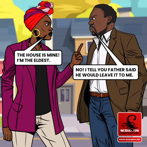 Illustration of two middle-aged African people fighting over their deceased father’s will