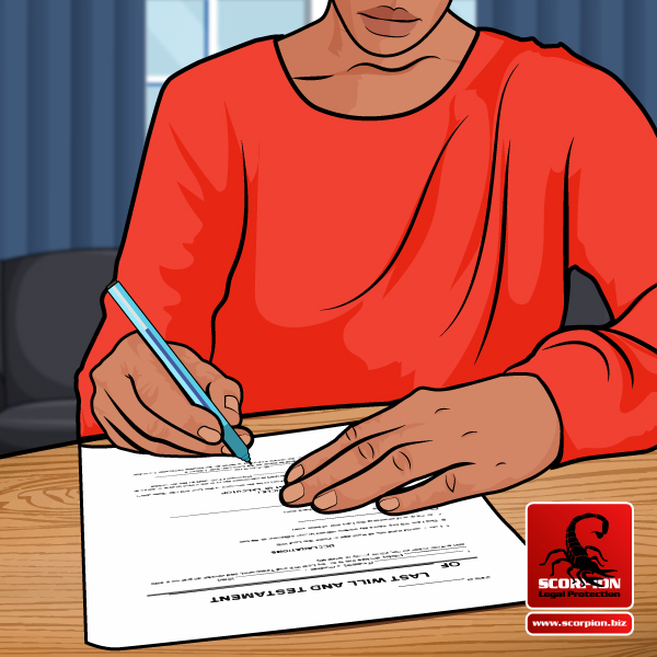 Illustrated African woman sitting at a table signing her last will and testament