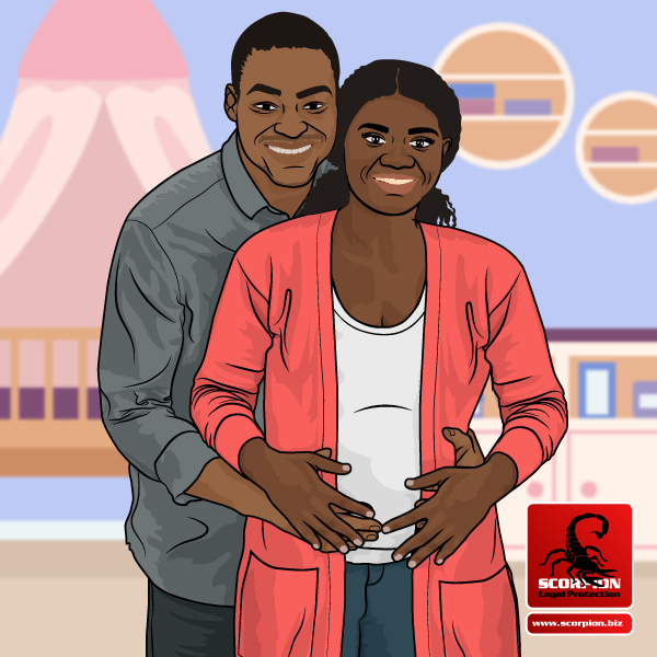 Illustration of husband hugging his pregnant wife from behind
