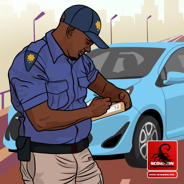 Illustration of a South African metro police officer writing a ticket with a blue car stopped in the background