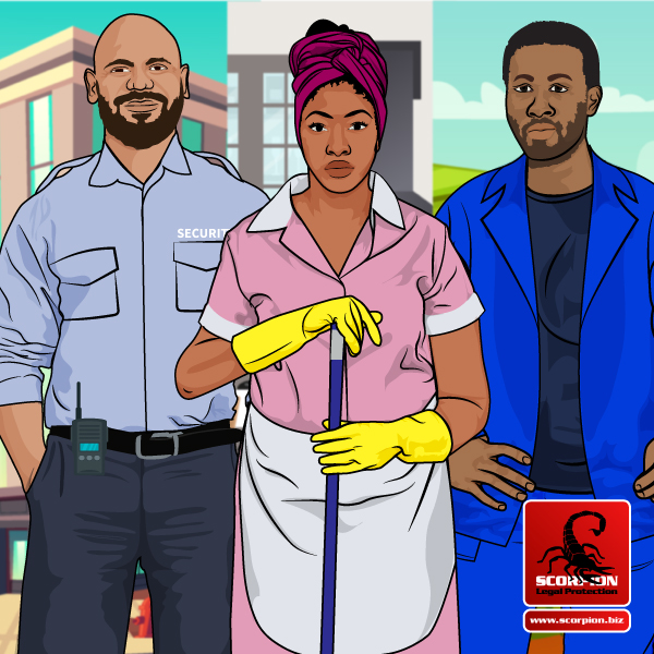 Illustration of three minimum wage workers – security guard, domestic worker and farm worker