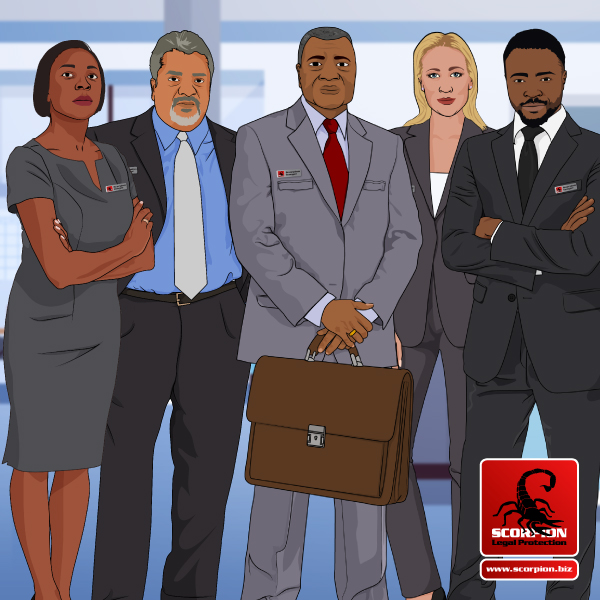 Illustration of five diverse Scorpion lawyers in an office setting