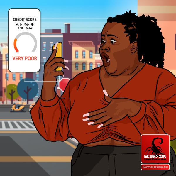 Illustration of South African woman looking at her credit score on her phone, shocked