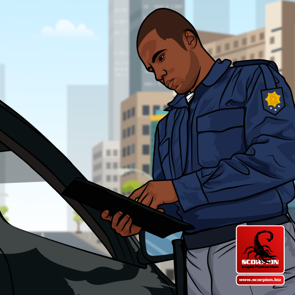 Illustration of South African metro police officer issuing a fine to motorist with city in the background