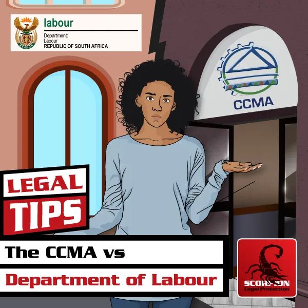 Illustration of a woman wondering whether to go to the CCMA or the Labour Department