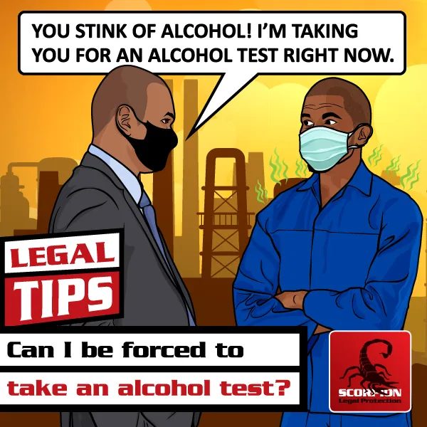 Illustration of a man smelling of alcohol being forced to take an alcohol test by his employer