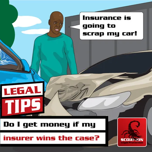 Illustration of a South African man at the scene of an accident who is worried that insurance is going to scrap his car