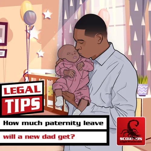 Illustration of a new dad holding his baby and wondering how much paternity leave he will get