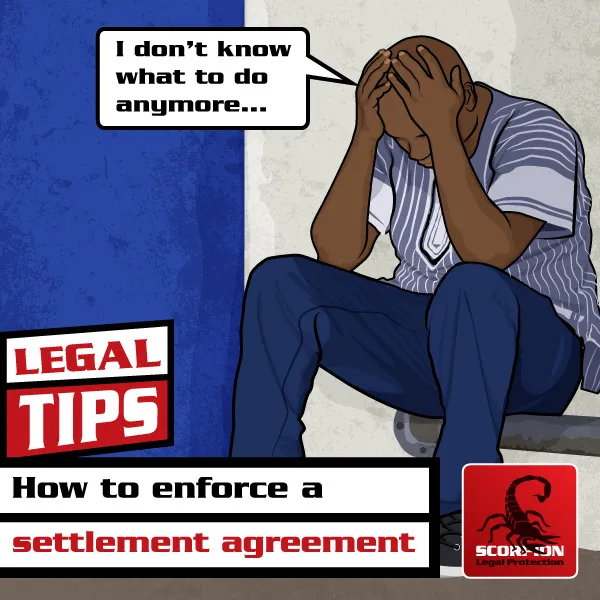 Illustration of a despairing man who does not know how to enforce a settlement agreement