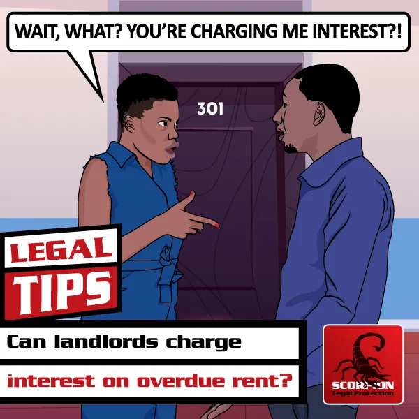 Illustration of a woman questioning her landlord with regards to interest on overdue rent