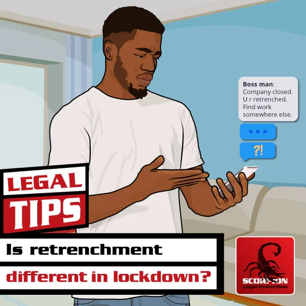 Illustration of a South African man receiving a retrenchment notice via a telephonic message during lockdown