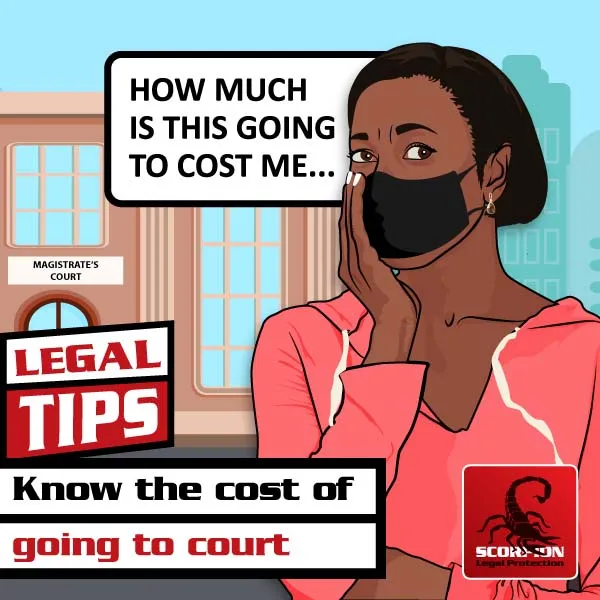 Illustration of a woman wondering how much going to court will cost her