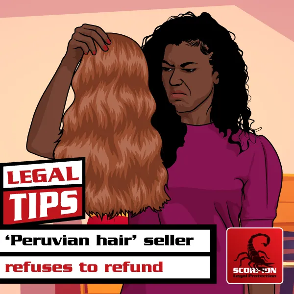 Illustration of an unhappy woman because ‘Peruvian hair’ seller refuses to refund