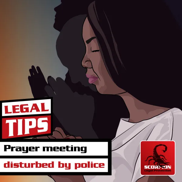 Illustration of people in a prayer meeting disturbed by police