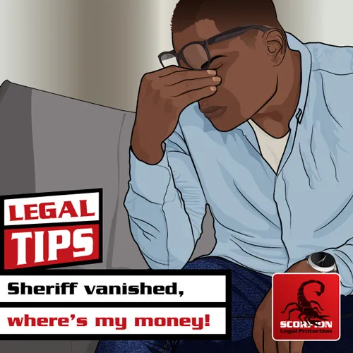 Illustration of a South African man who is concerned because the sheriff, who was supposed to go to court to get his money back, has vanished