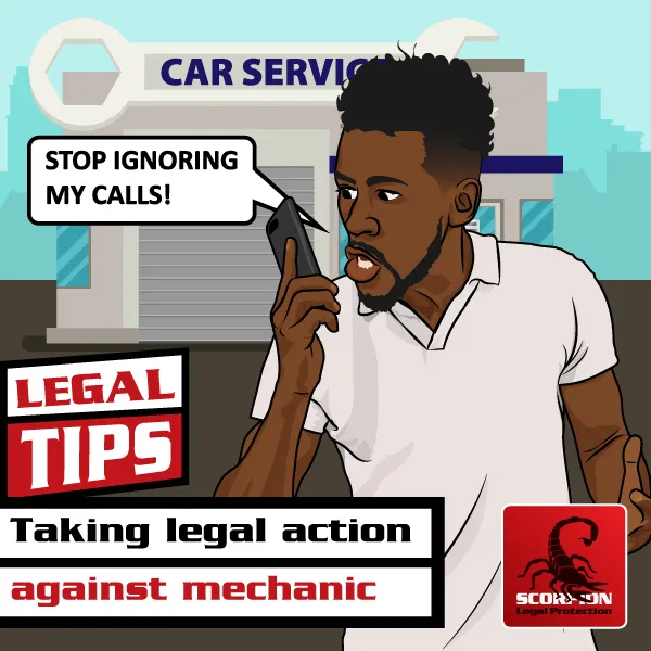 Illustration of a South African man getting ready to take legal action against mechanic
