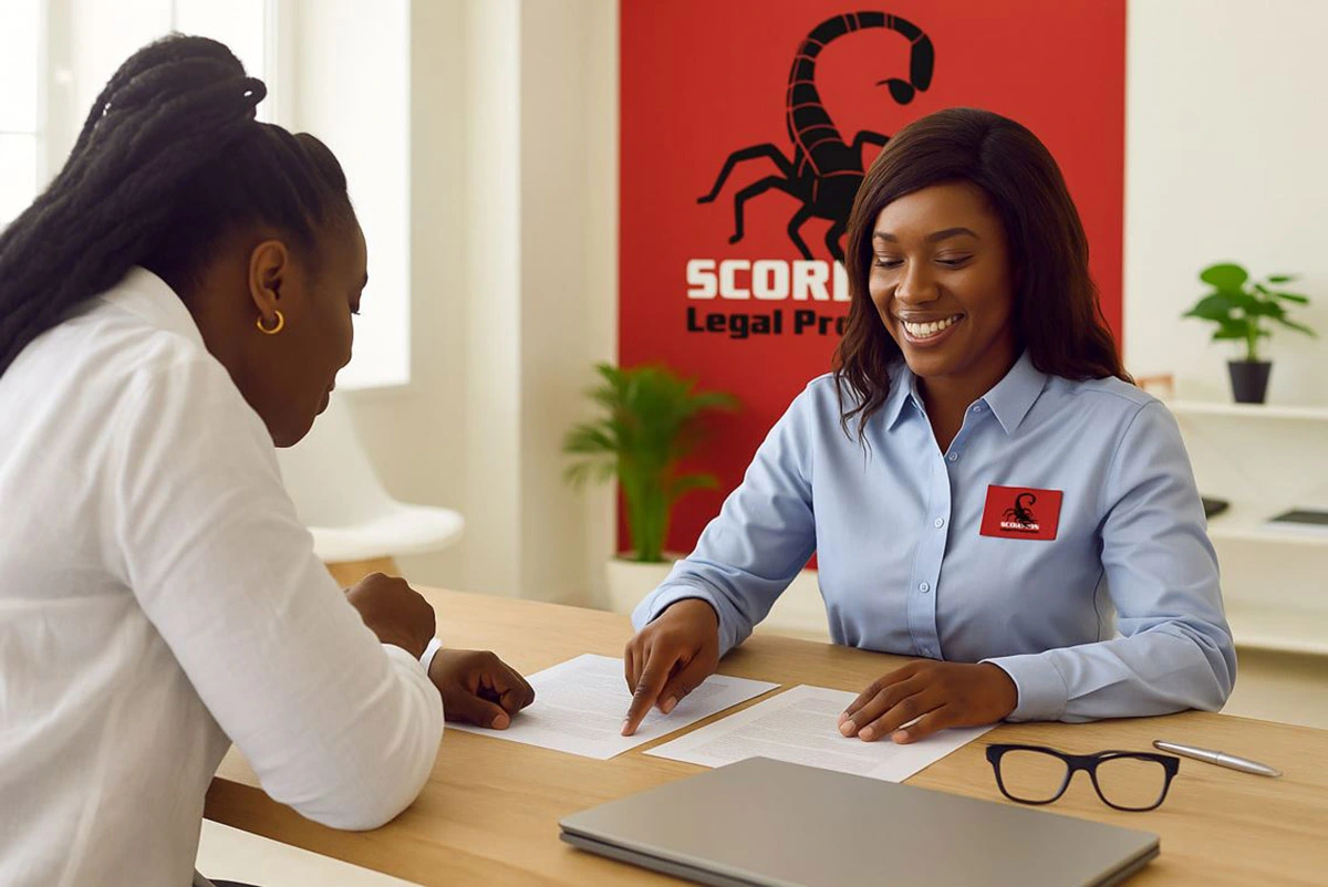 Image of a Scorpion Agent explaining Legal Insurance to a South African woman.
