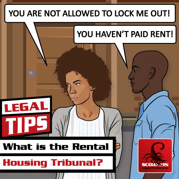 Illustration of a woman who has been locked out due to unpaid rent and should make use of the Rental Housing Tribunal