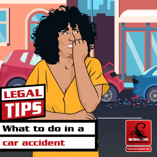 Illustration of a worried woman by a car accident