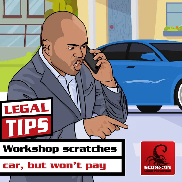 Illustration of a South African man upset because a workshop scratches car, but won’t pay