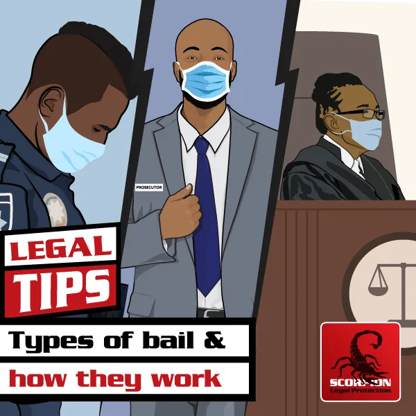 Illustration of people related to court proceedings and bail