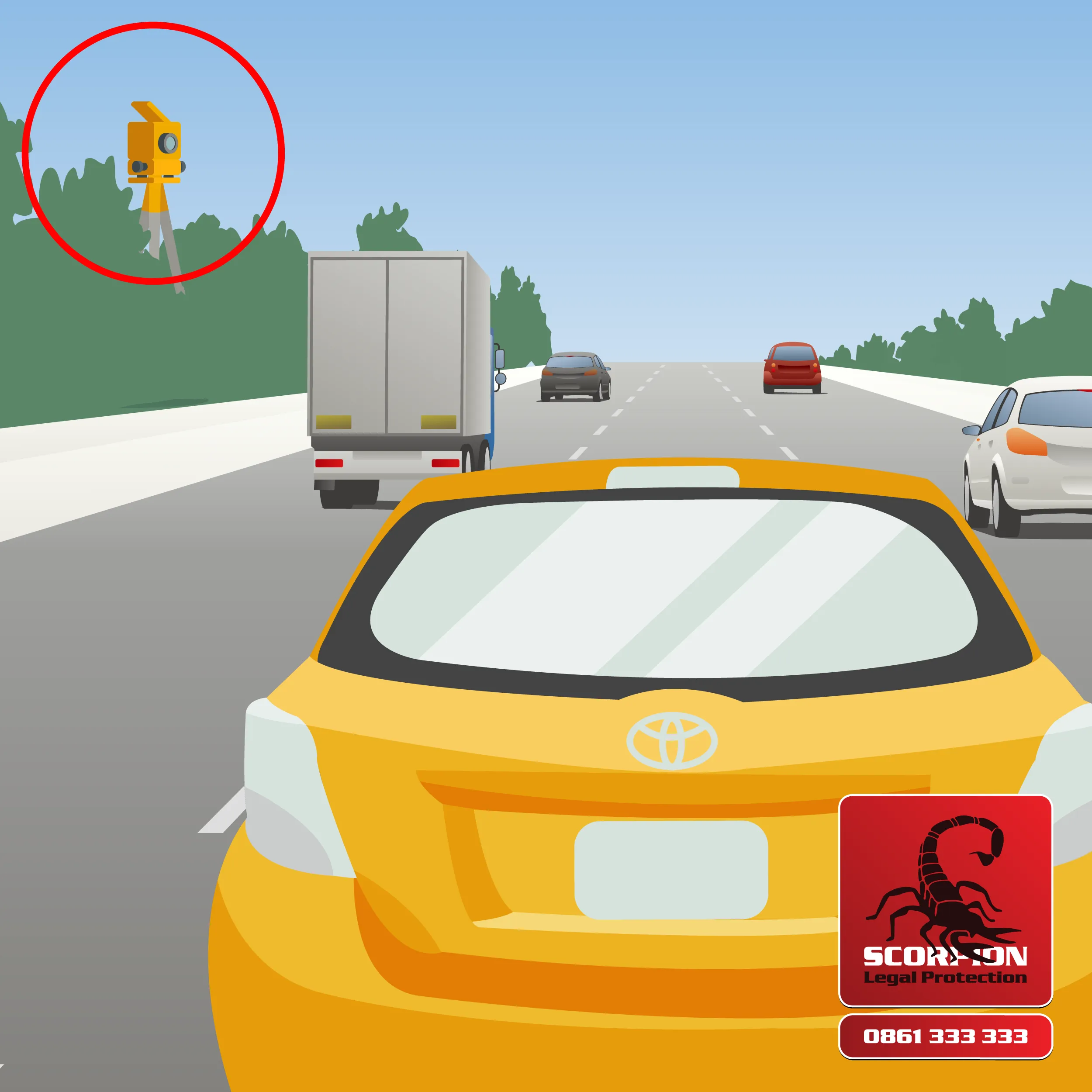 Illustration of cars driving down a road with a hidden speeding camera