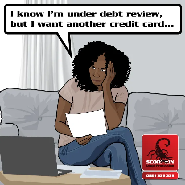 Illustration of a woman asking for another credit card while on debt review