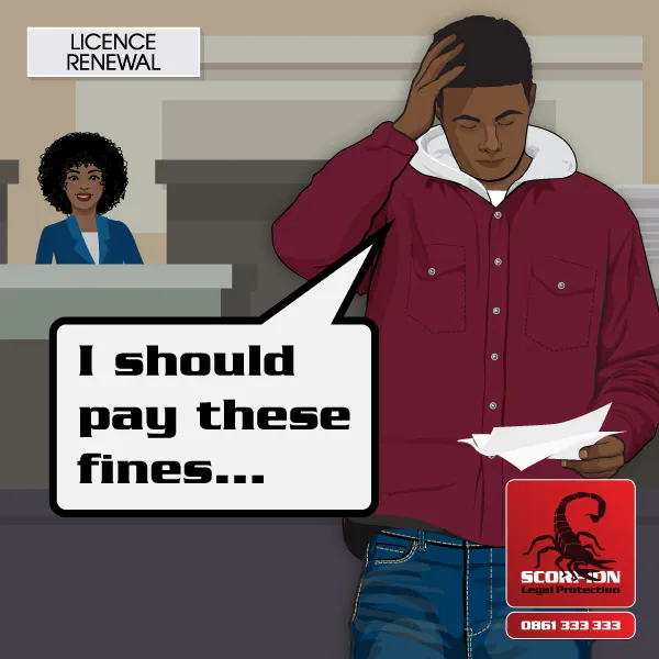 Illustration of a South African man thinking about paying his fines