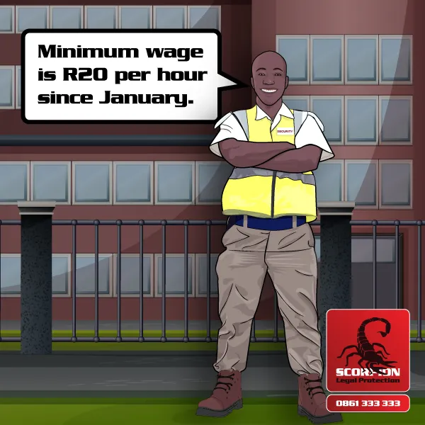 Illustration of a South African worker announcing that the minimum wage is R20 per hour since January