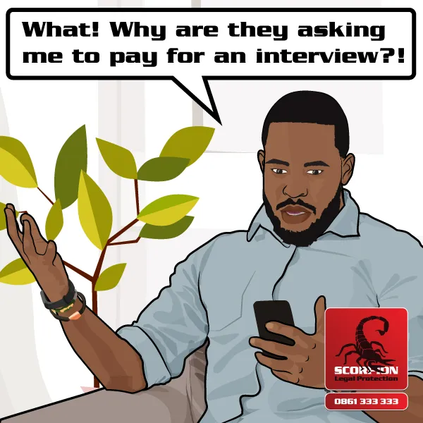Illustration of a South African man questioning why he is being asked to pay for an interview
