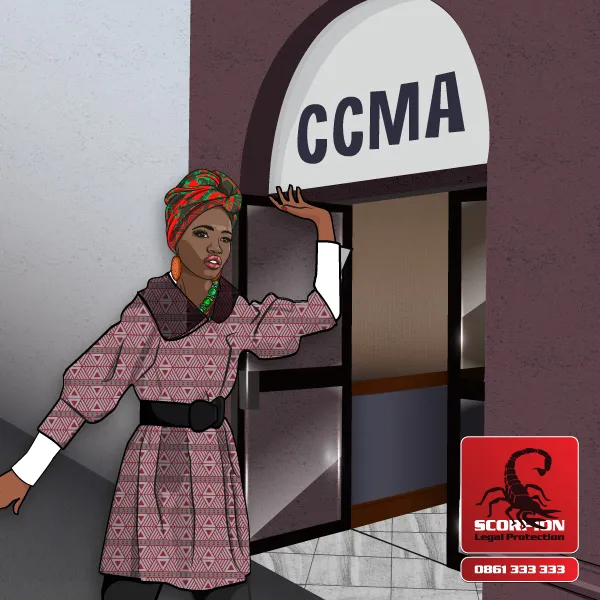 Illustration of a woman on her way to the CCMA to address unfair workplace discrimination