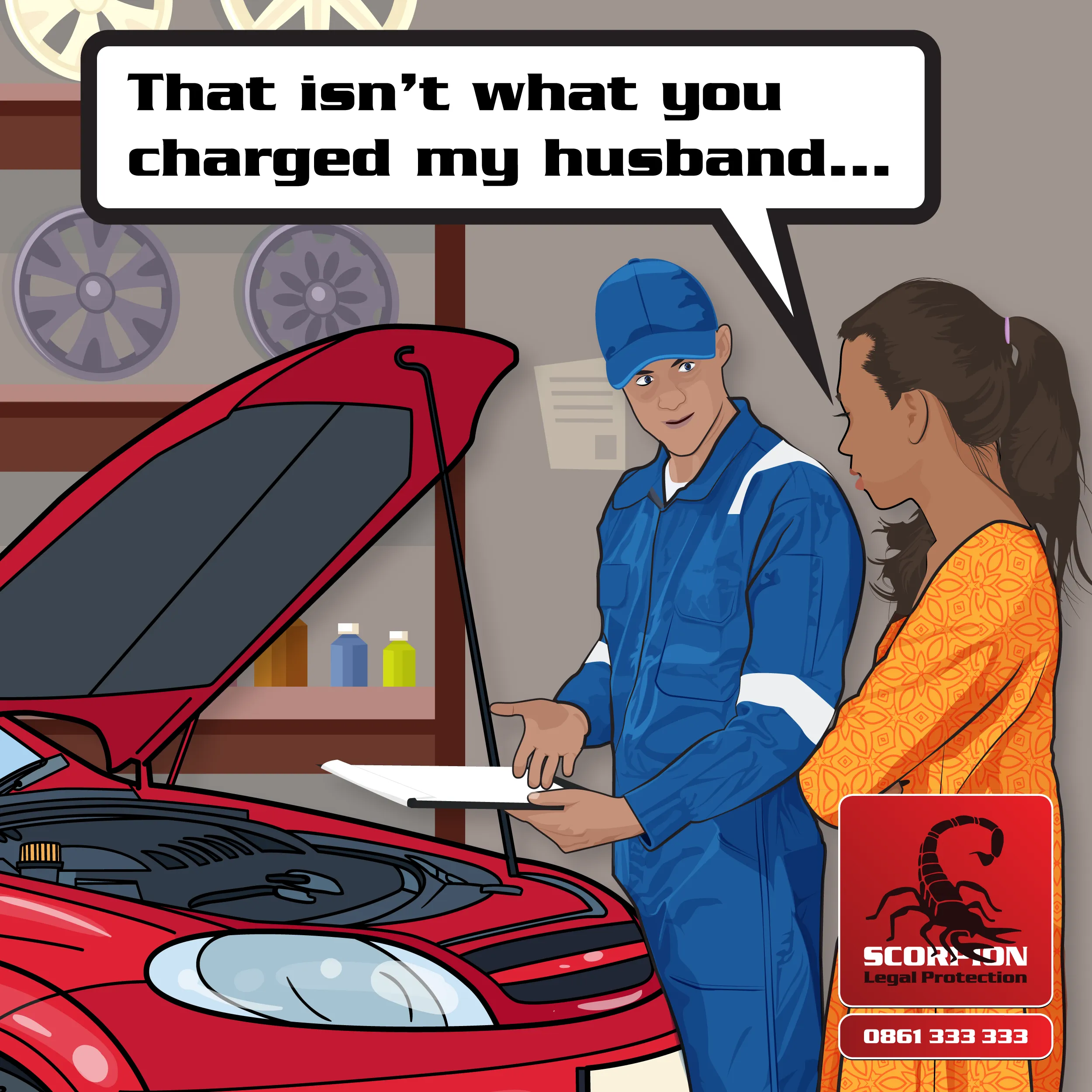 Illustration of a woman at a car dealership questioning why she is being charged differently to her husband