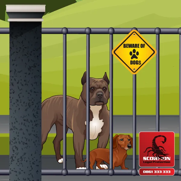Illustration of two dogs behind a fence with a warning sign